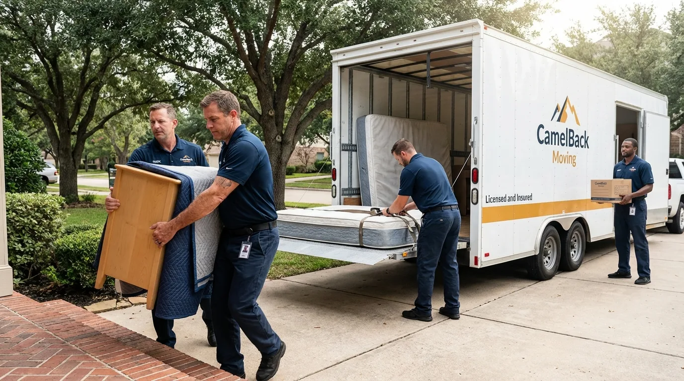 Crew loading residential truck for cross-state move from Sulphur Springs, TX