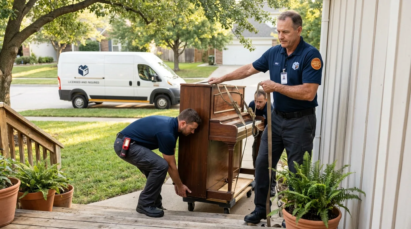Licensed piano movers securing grand piano in Sulphur Springs, TX