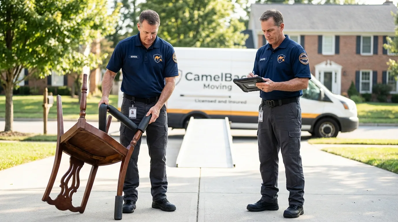 Movers inspecting furniture for damage prevention before loading in Sulphur Springs, TX