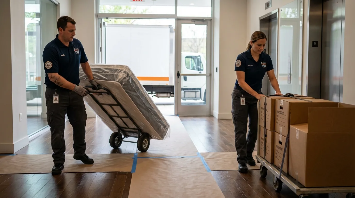 Professional apartment movers loading elevator in Sulphur Springs, TX