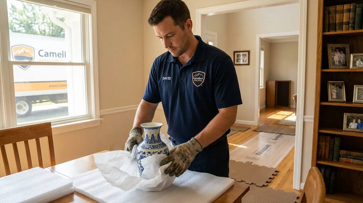 Professional crew carefully wrapping antique vase for senior downsizing move in Sulphur Springs, TX